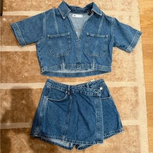 Zara Blue Denim Top and Shorts Set